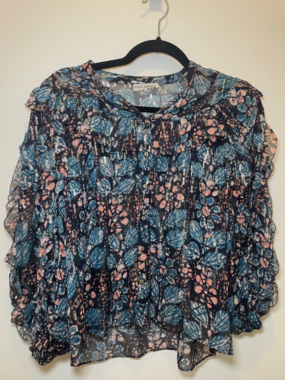Ulla Johnson Navy Blue & Pink Floral Ruffle Blouse